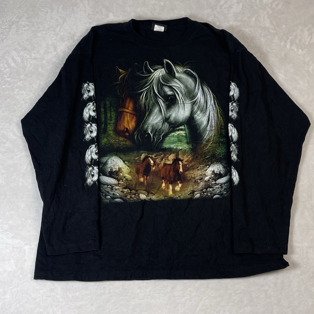 Horse Print Men's Black Long Sleeve T-Shirt Size XXL Animal Graphic